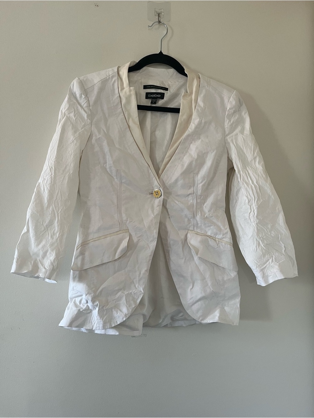 Bebe White Peplum Blazer 6 Jacket Gold Button Linen Blend Capsule Wardrobe